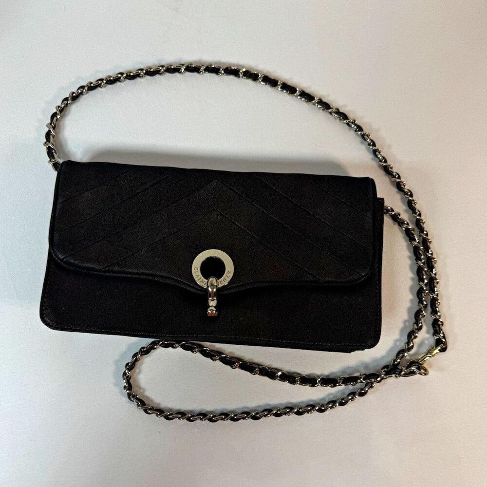 Elaine Turner Black Crossbody Envelope Clutch Bag Chain Strap- Pink Lining